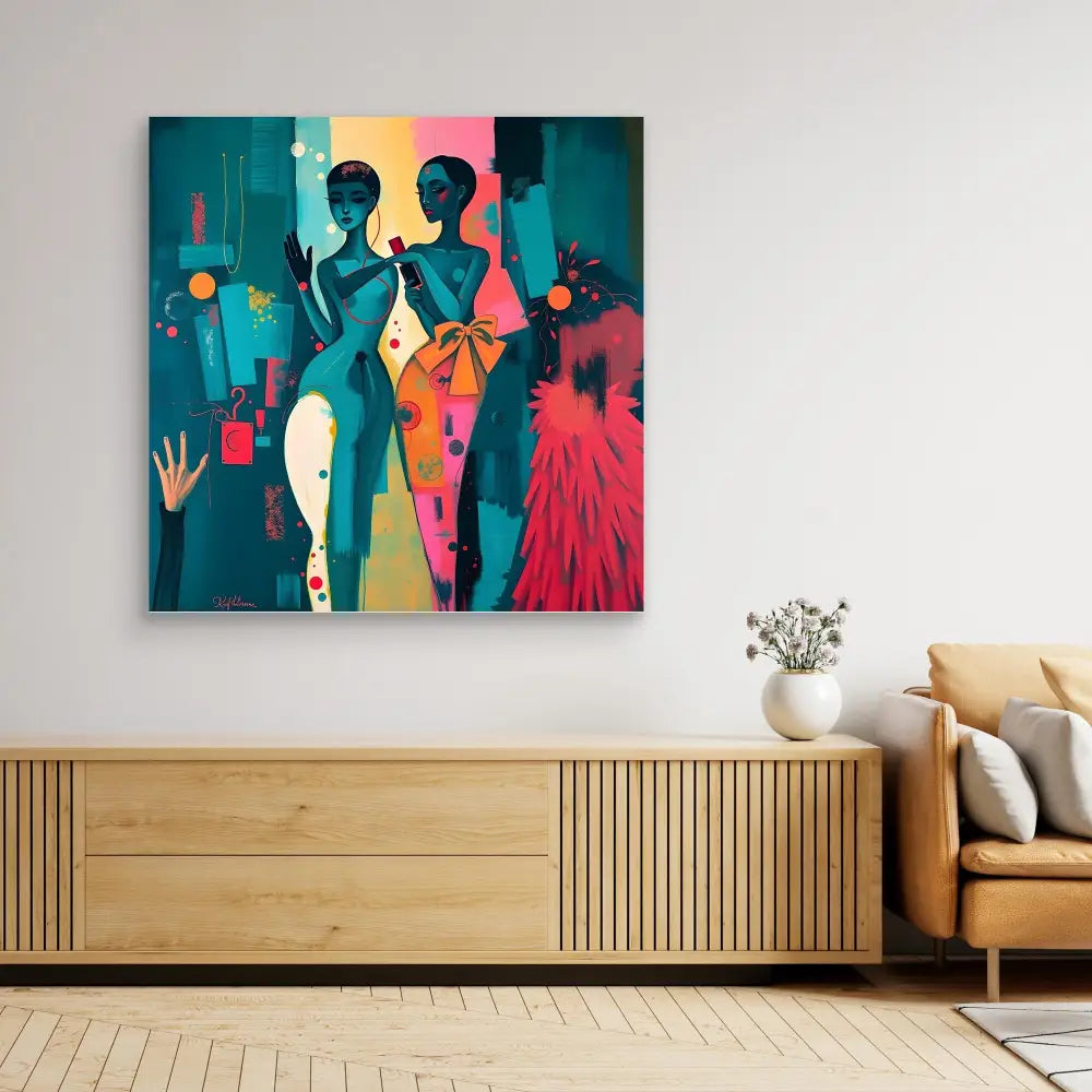 Vibrant abstract art piece featuring silhouetted figures in colorful geometric shapes and patterns.