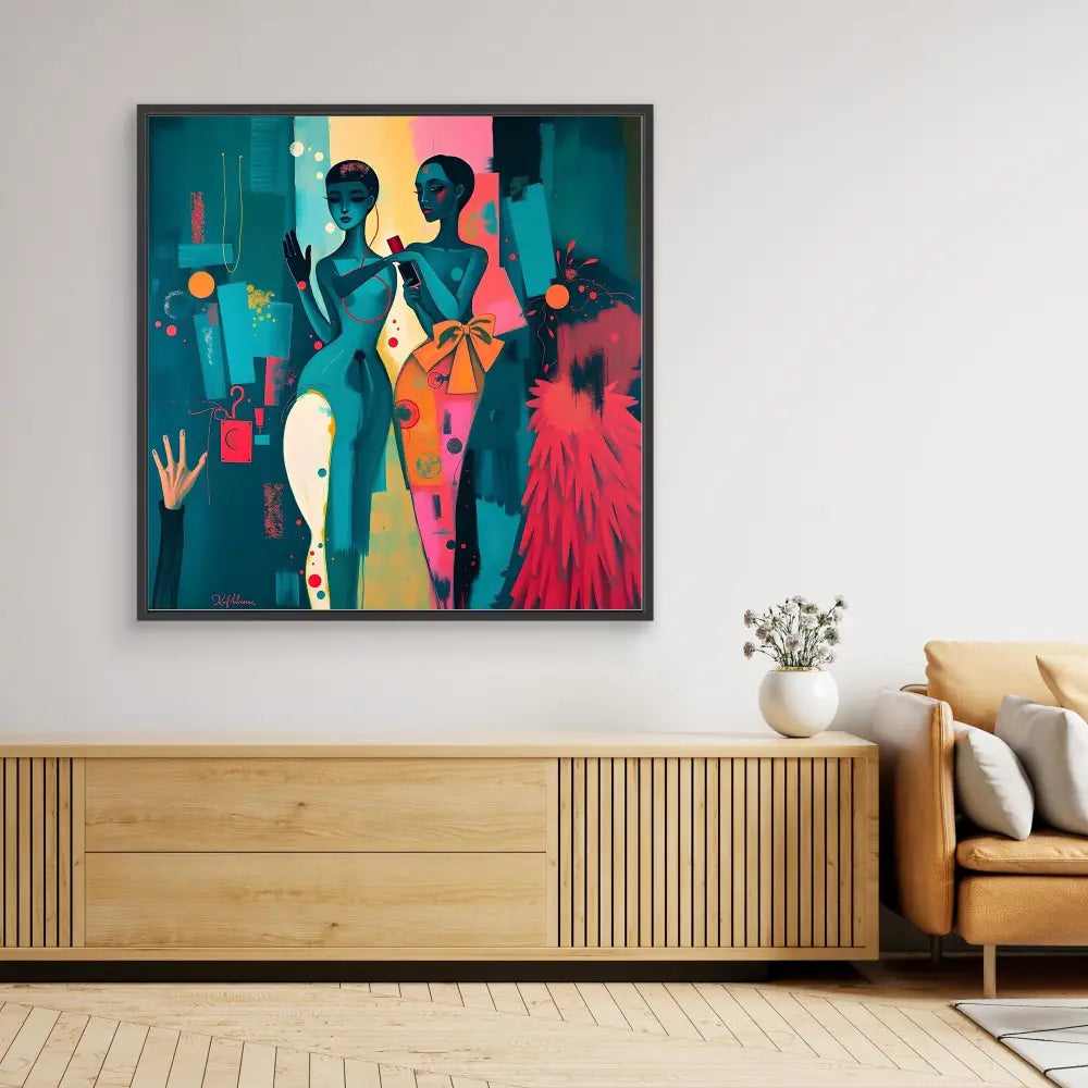 Vibrant abstract art piece featuring silhouetted figures in colorful geometric shapes and patterns.