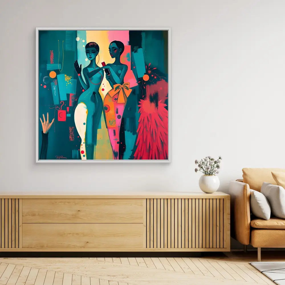 Vibrant abstract art piece featuring stylized figures in colorful dresses against a teal background.