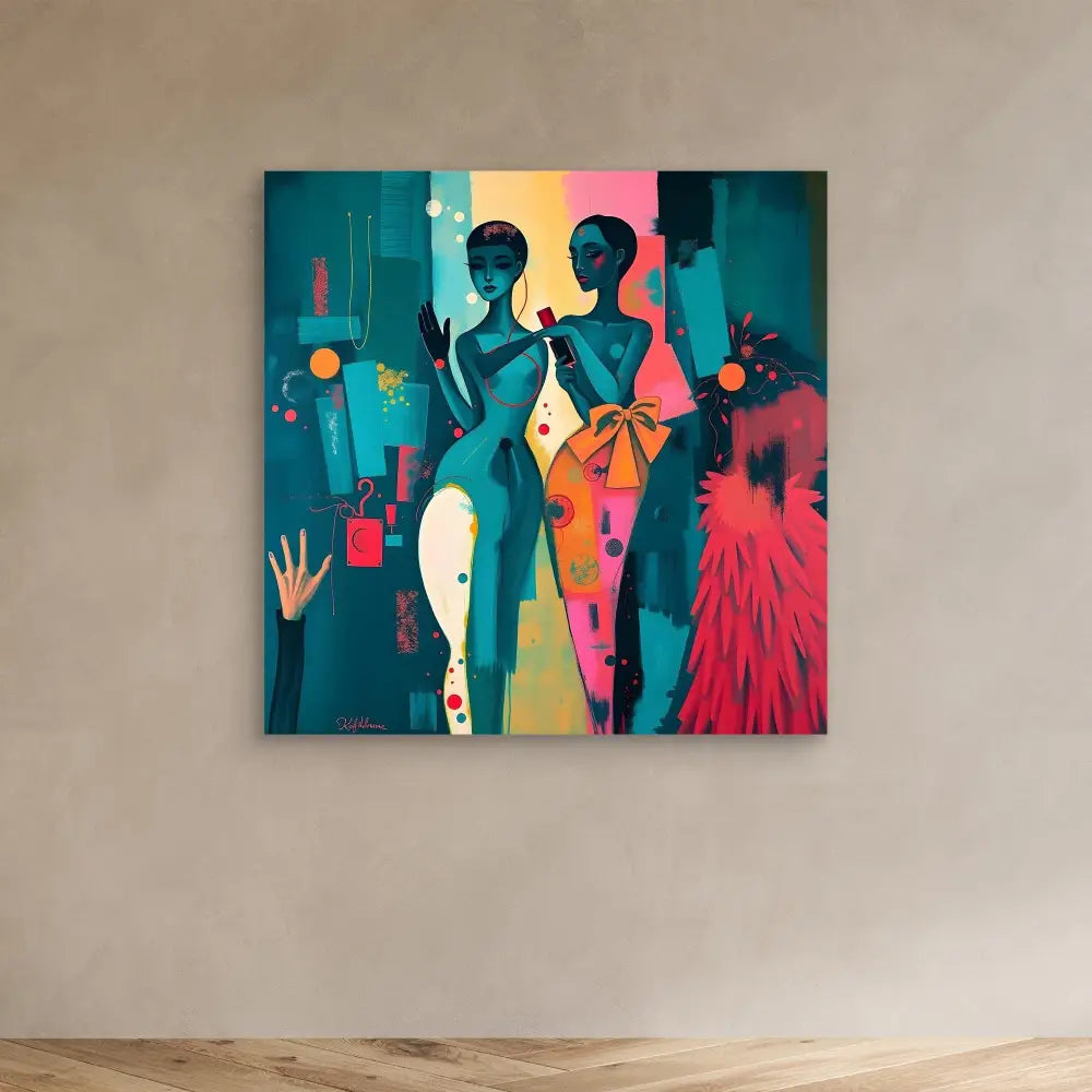 Vibrant abstract art piece featuring stylized figures in teal, pink and yellow tones.