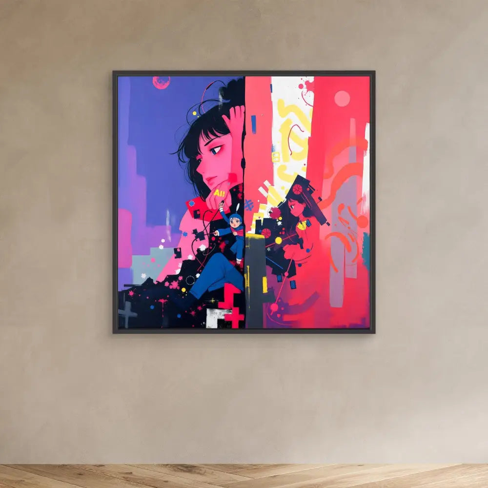 Vibrant abstract artwork featuring bold pink, blue and red geometric shapes and patterns in a black frame.