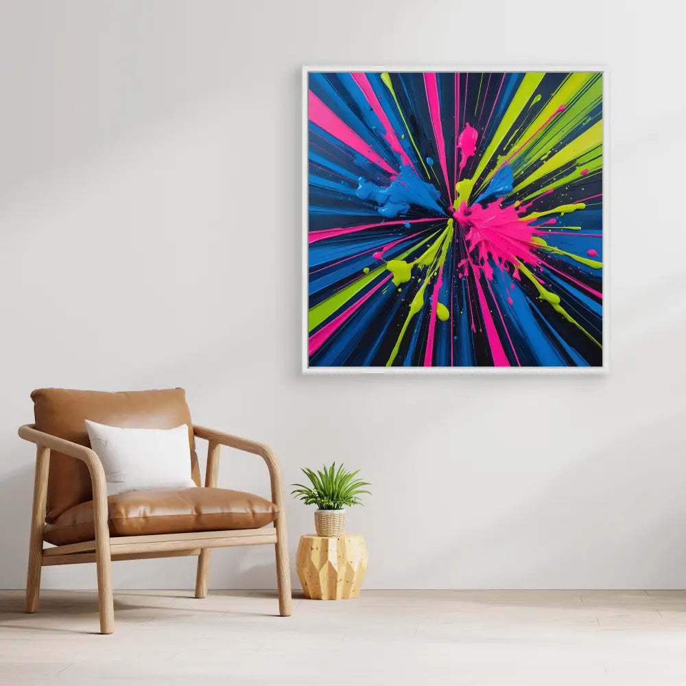 Vibrant abstract artwork featuring a colorful starburst pattern of pink, blue, and yellow paint splashes.