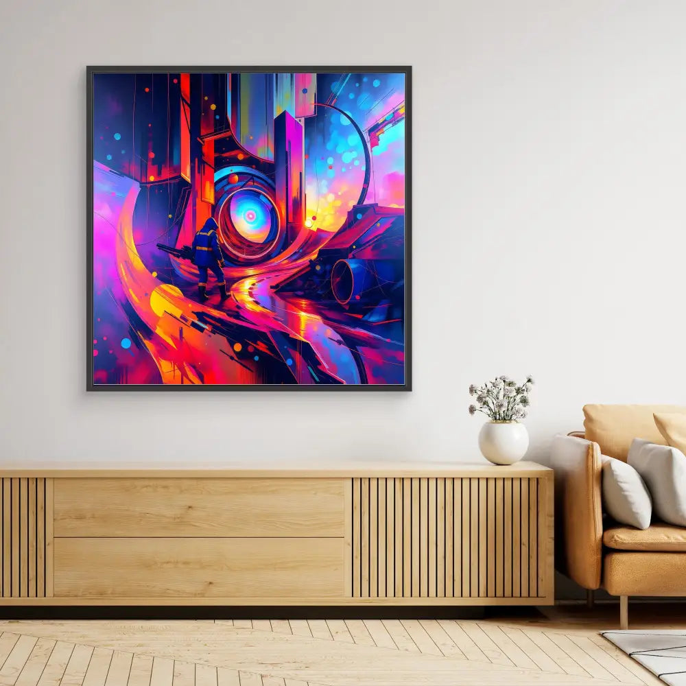 Vibrant abstract artwork featuring swirling neon colors and geometric shapes in a square frame.