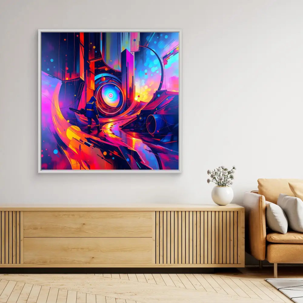 Vibrant abstract artwork featuring swirling neon colors and geometric shapes in a modern style.