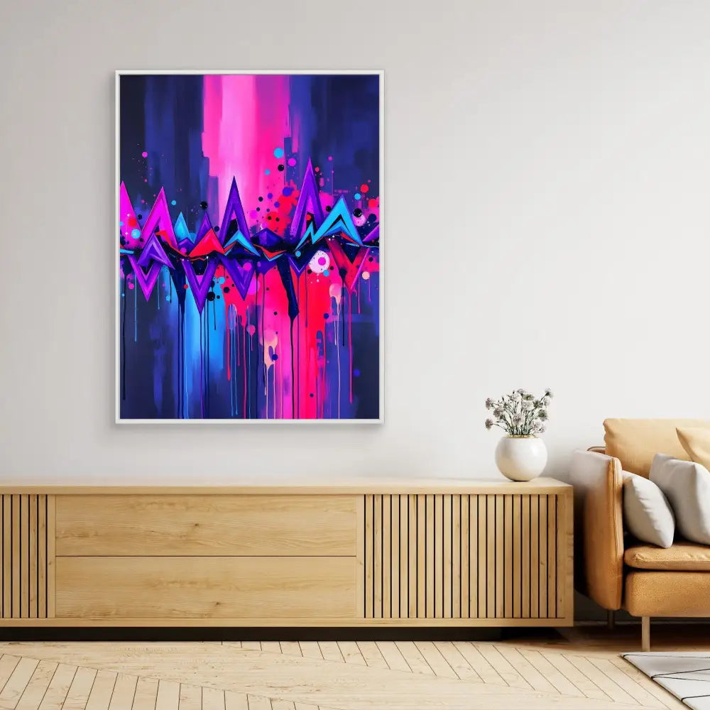 Vibrant abstract artwork featuring dripping neon pink, blue and purple geometric patterns.