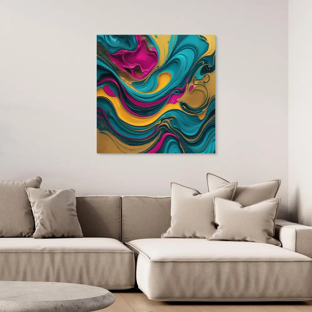 Vibrant abstract artwork featuring swirling patterns in turquoise, pink, yellow and gold.