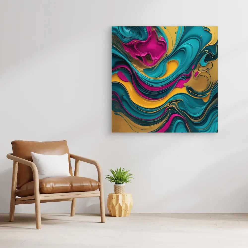 Vibrant abstract artwork featuring swirling patterns in turquoise, magenta, and gold colors.