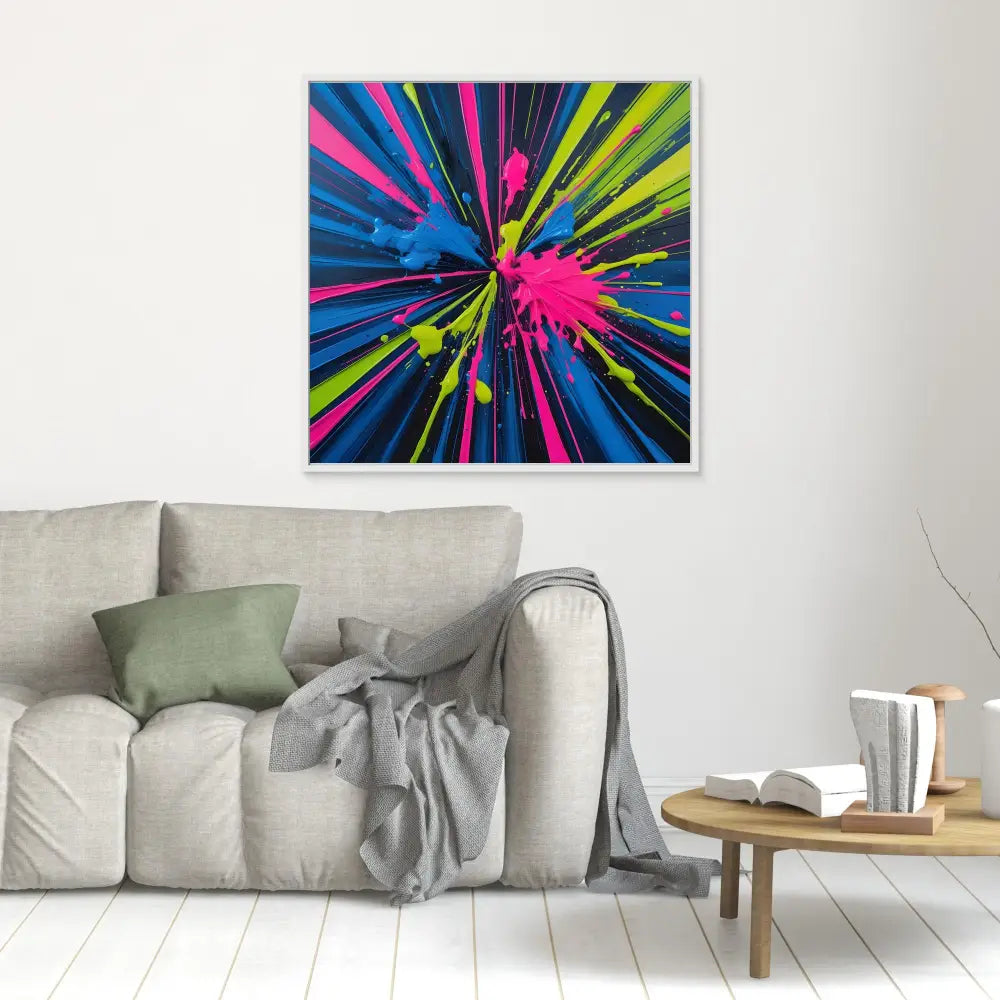 Vibrant abstract artwork featuring radiating splashes of pink, blue, yellow and green colors bursting from the center.