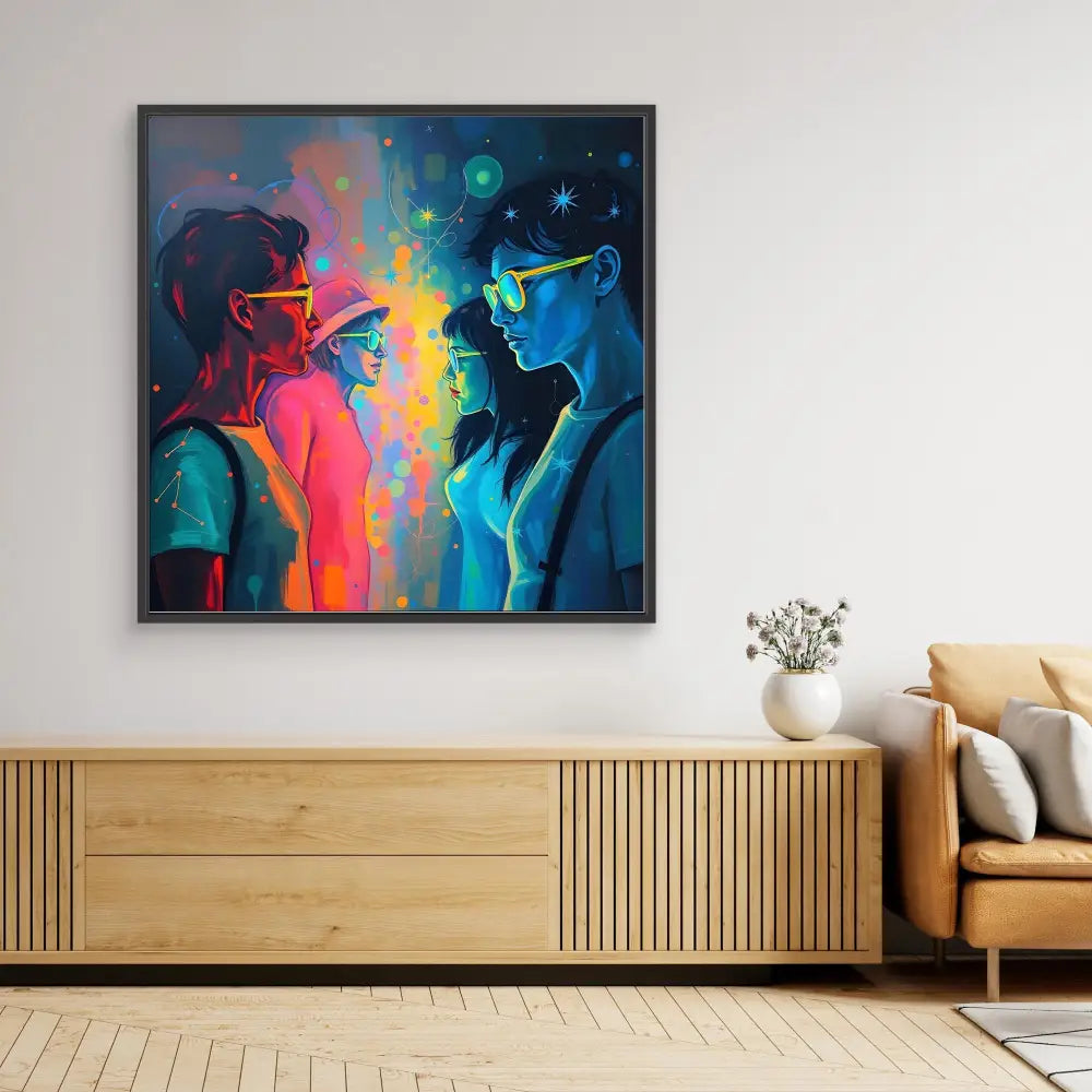 Vibrant abstract artwork depicting two silhouetted figures in contrasting red and blue tones with colorful energy between them.