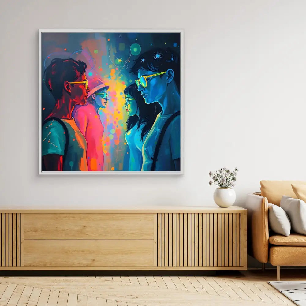 Vibrant abstract artwork depicting two silhouetted figures in contrasting red and blue tones with colorful elements between them.