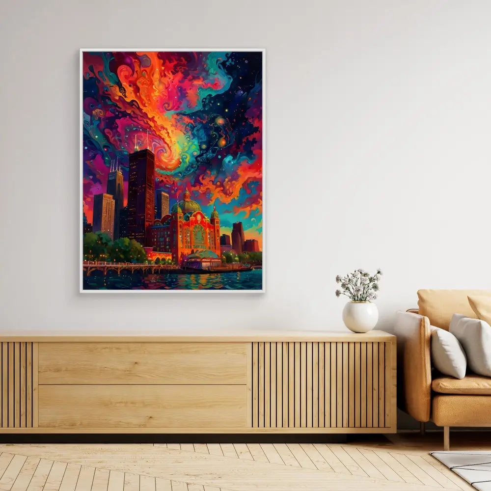 Vibrant abstract cityscape painting featuring colorful swirling skies over urban buildings.