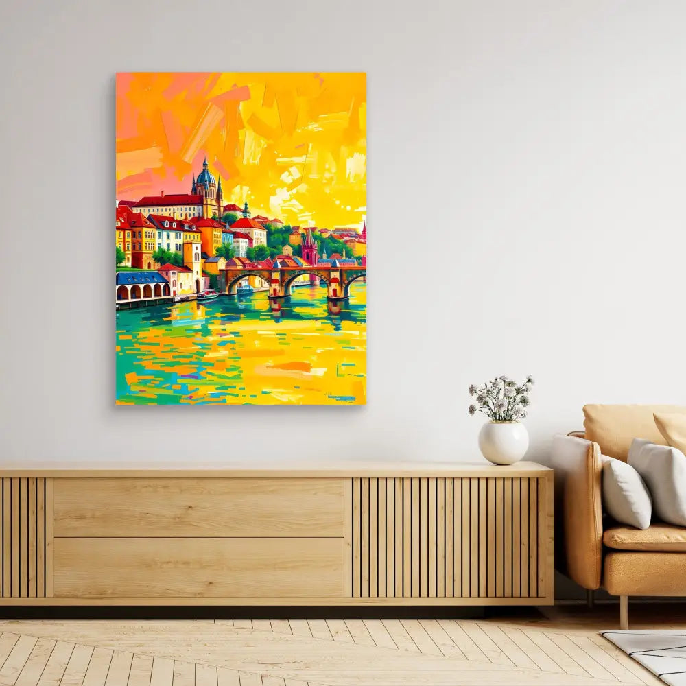 Vibrant abstract cityscape painting featuring colorful buildings and a bridge over water against a yellow-orange sky.