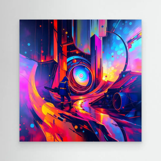 A vibrant abstract digital artwork featuring a central mechanical eye-like structure surrounded by dynamic geometric shapes in neon colors.