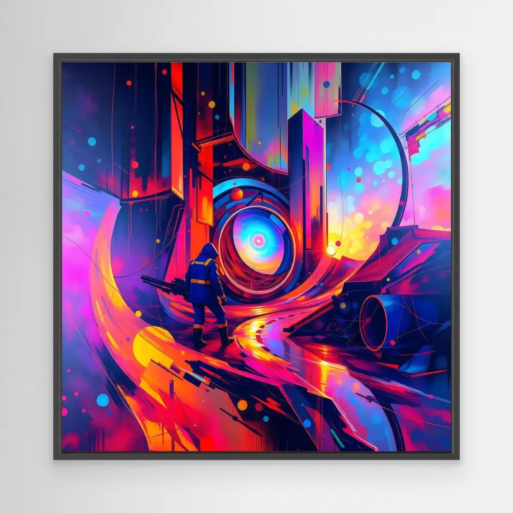 A vibrant abstract digital artwork featuring swirling geometric shapes in neon pink, blue, and orange tones.