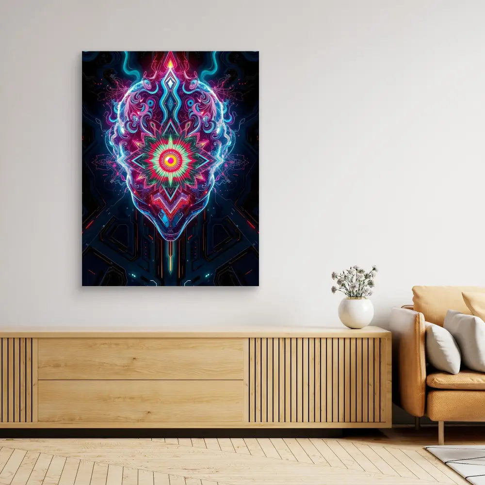 Vibrant abstract digital artwork featuring symmetrical pink and blue energy patterns surrounding a central glowing eye-like form.