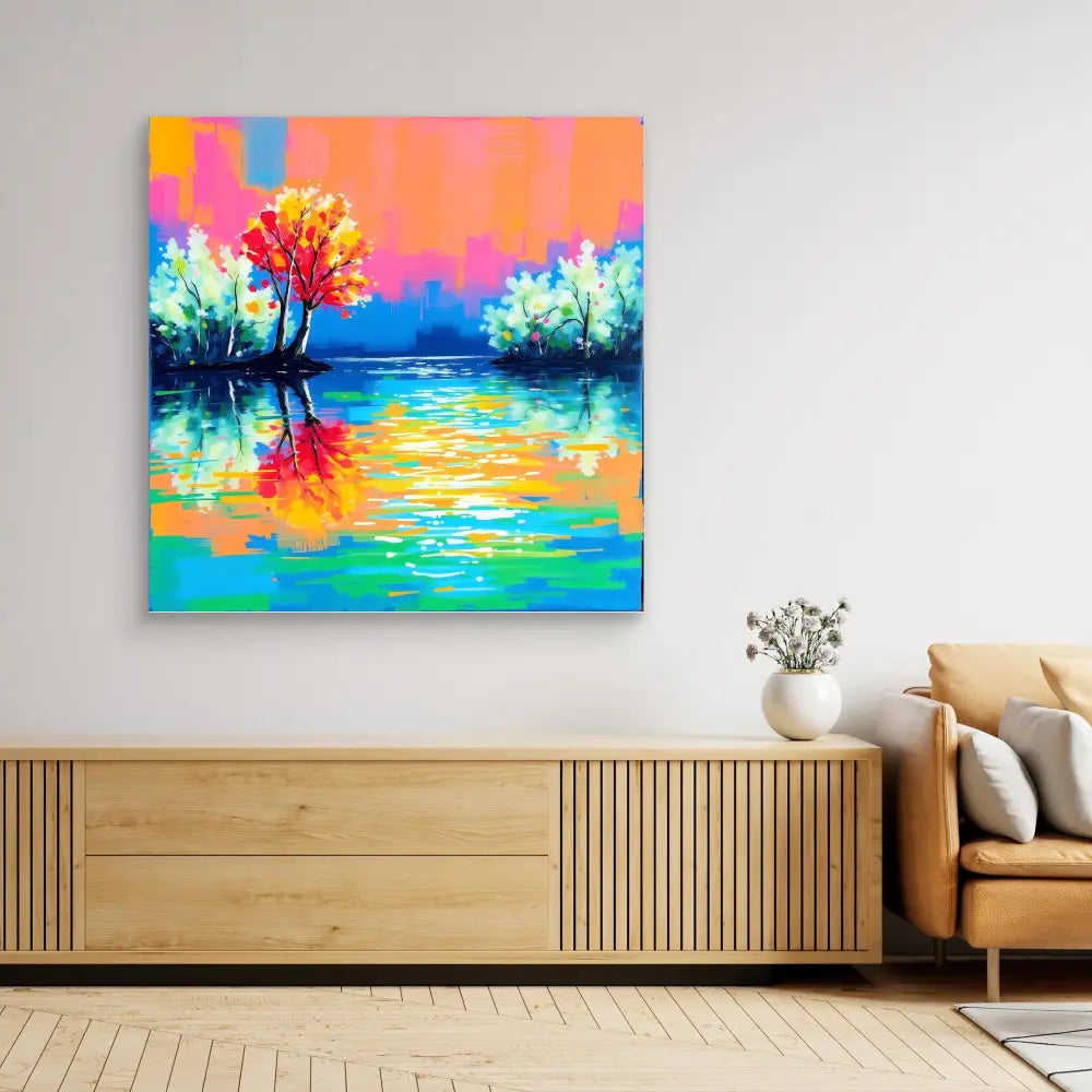 Vibrant abstract landscape painting featuring colorful trees reflected in water against a pink and blue sky.