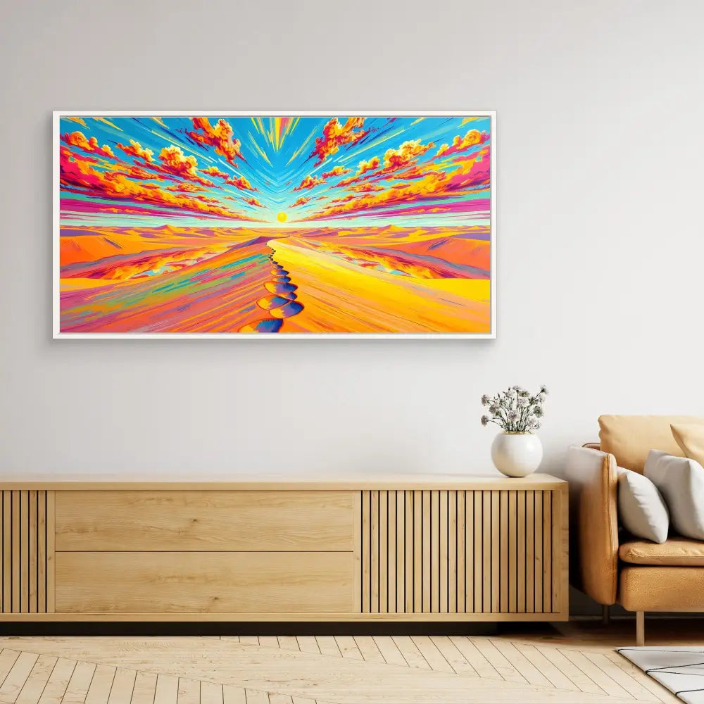 Vibrant abstract landscape painting featuring a dramatic sunset sky with streaking clouds over a golden path.