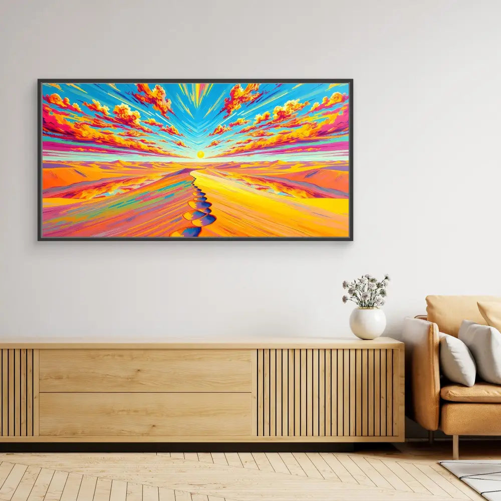 Vibrant abstract landscape painting featuring a dramatic sunset sky with colorful clouds and a winding path.