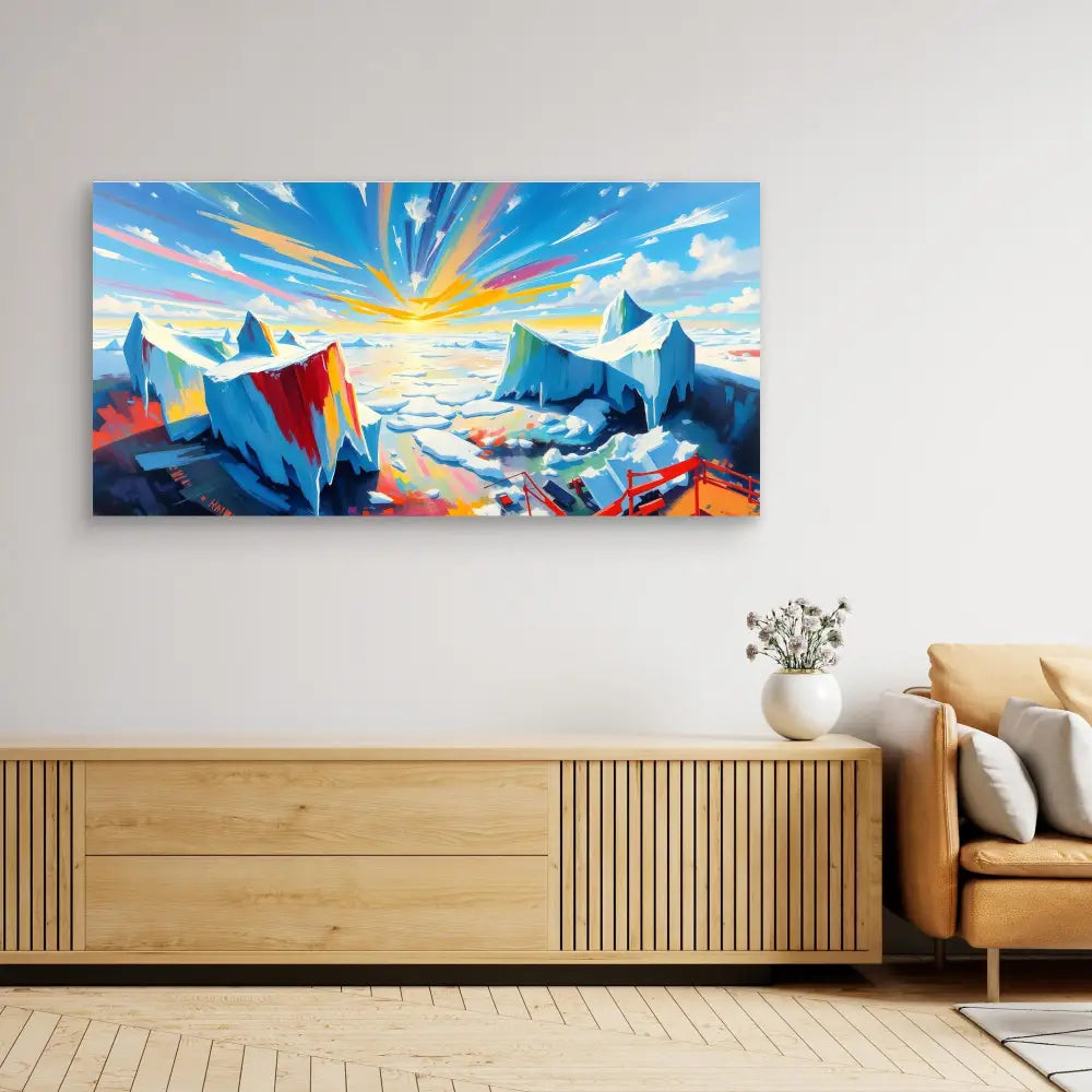 Vibrant abstract landscape painting featuring mountains and a dramatic sunburst sky in bold blues, reds, and yellows.