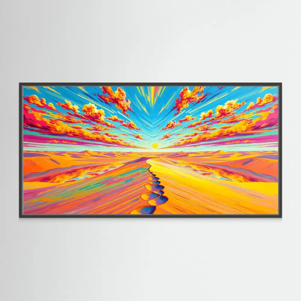 Vibrant abstract landscape painting featuring a winding path beneath colorful streaked clouds.