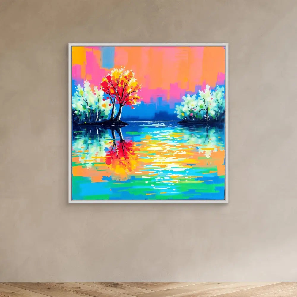 Vibrant abstract landscape painting featuring a red tree reflected in colorful water.