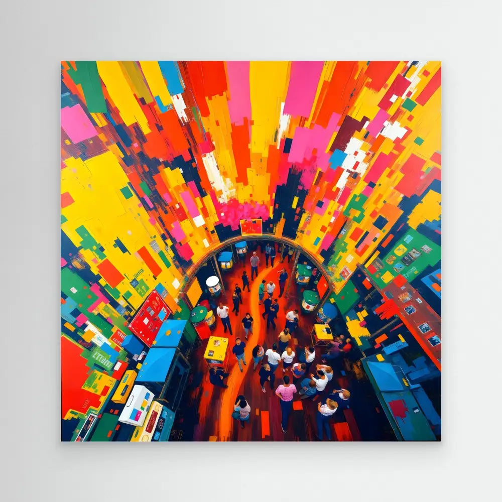 Vibrant abstract painting with radiating blocks of color bursting outward from a central point.