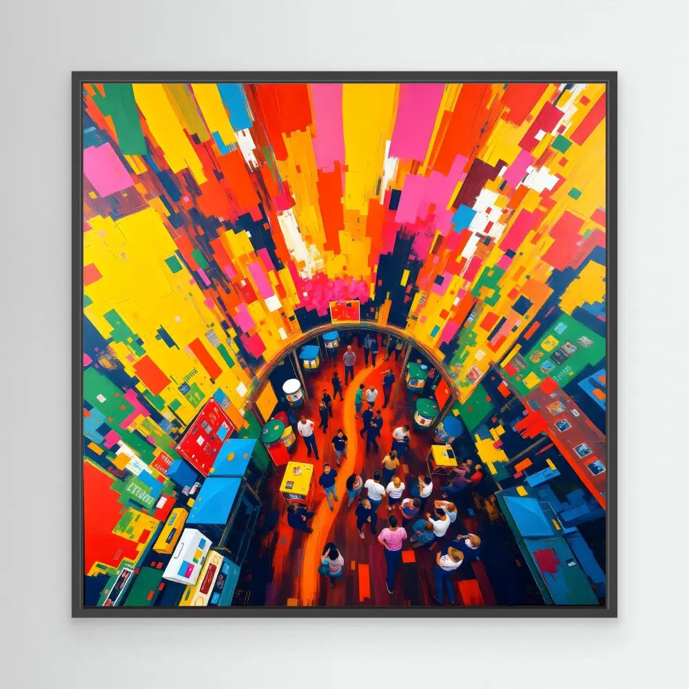 Vibrant abstract painting with radiating blocks of color bursting outward from a central point.