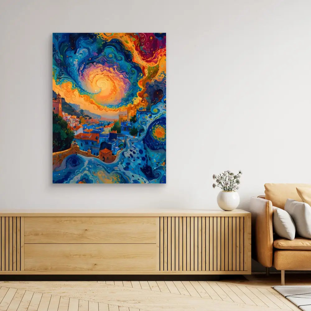 Vibrant abstract painting featuring swirling blues and oranges in a cosmic, nebula-like pattern.