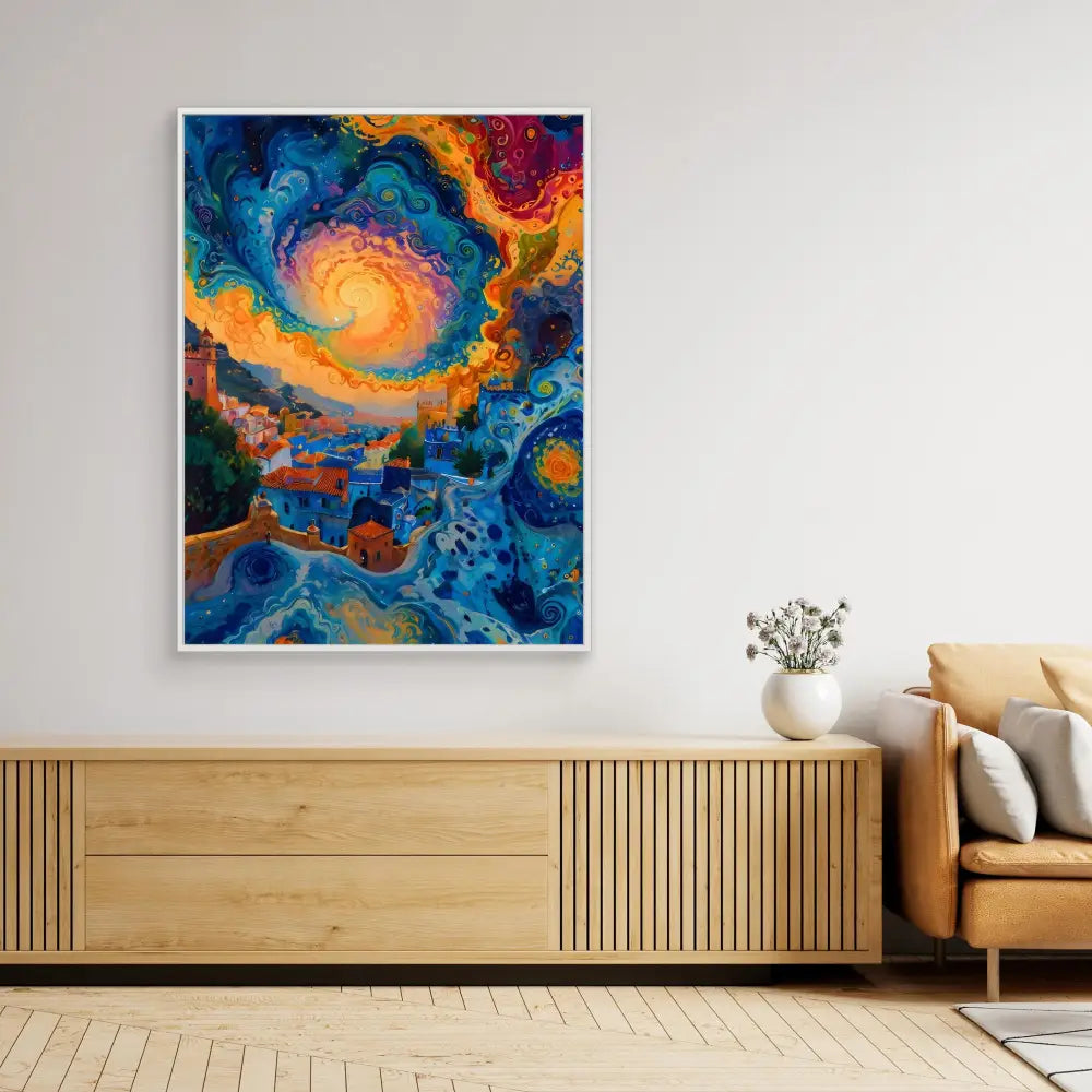 Vibrant abstract painting featuring swirling blues and oranges in a spiral galaxy-like pattern.