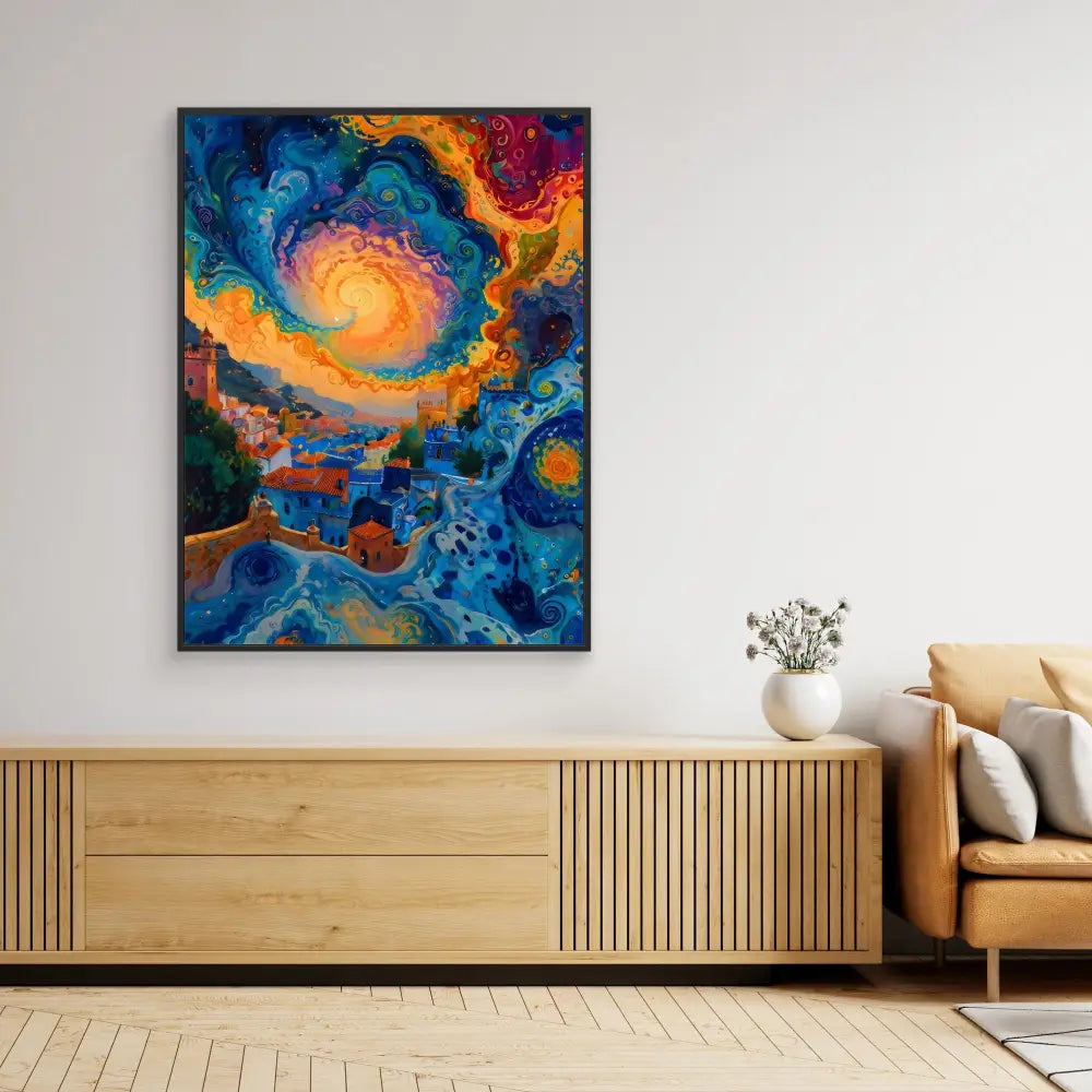 Vibrant abstract painting featuring swirling blues and oranges in a cosmic, nebula-like pattern.