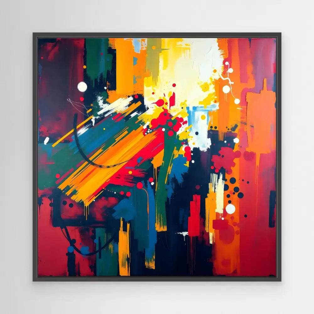 Vibrant abstract painting featuring bold brushstrokes in red, yellow, blue, and orange.