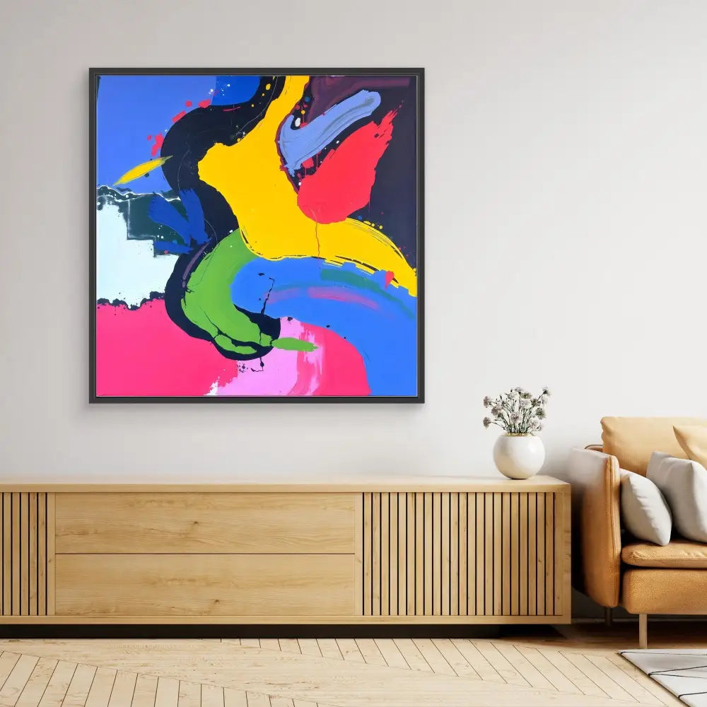 Vibrant abstract painting featuring bold curved shapes in yellow, blue, pink, and green colors.