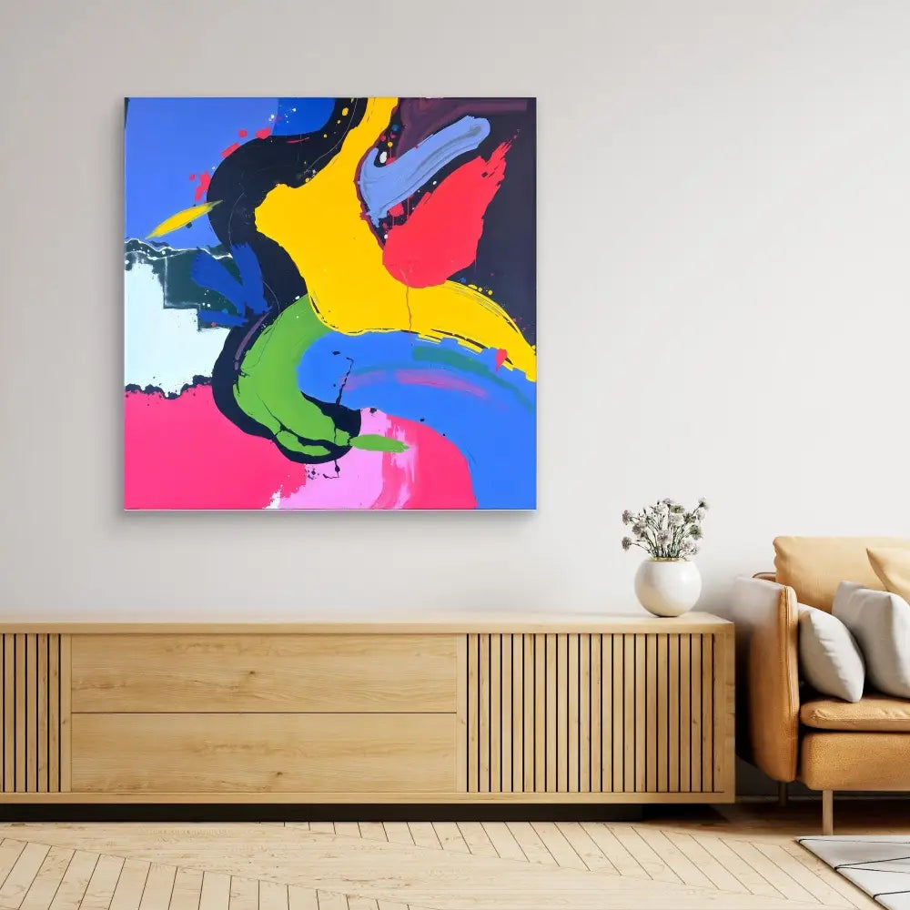 Vibrant abstract painting featuring bold curved shapes in yellow, blue, pink, and black.