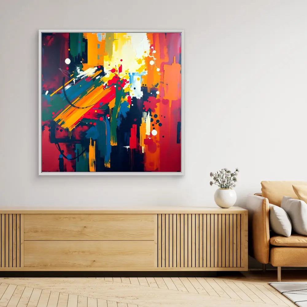 Vibrant abstract painting featuring bold diagonal brushstrokes in red, yellow, blue, and orange.