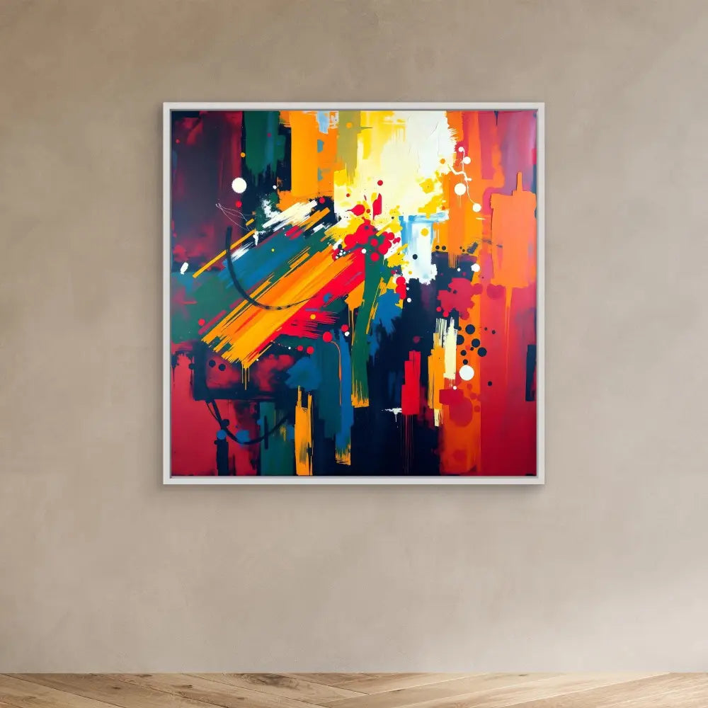 Vibrant abstract painting featuring bold splashes of yellow, orange, red, blue and teal colors in an energetic composition.