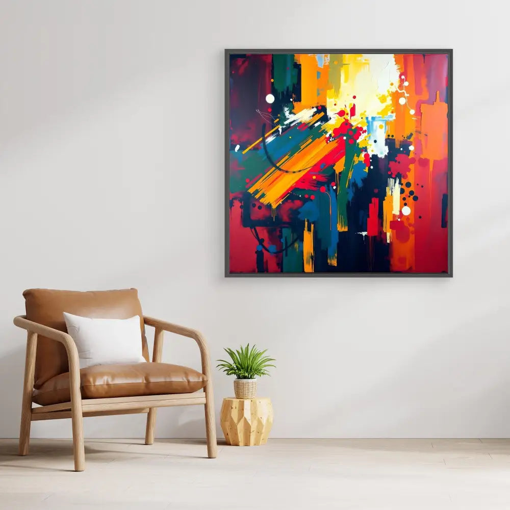 Vibrant abstract painting featuring bold splashes of red, yellow, blue, and white colors in dynamic motion.