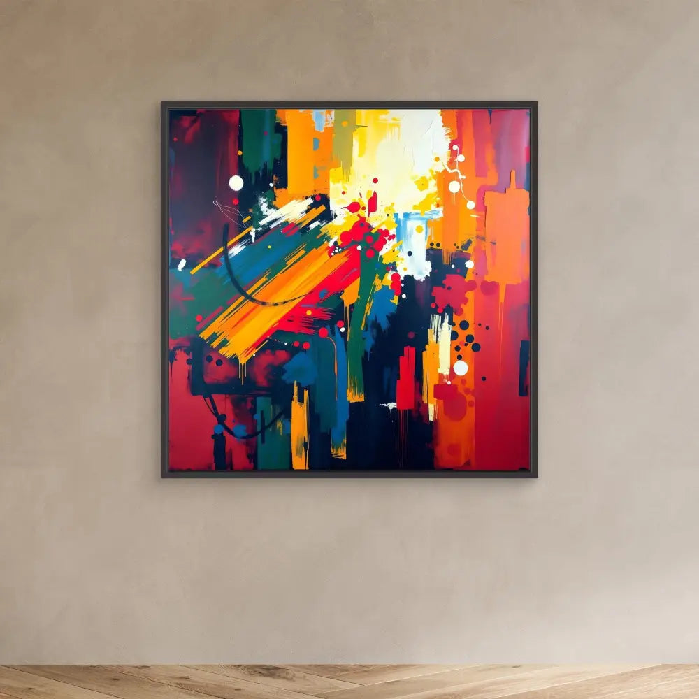 Vibrant abstract painting featuring bold splashes of yellow, orange, red, blue and teal in an energetic composition.