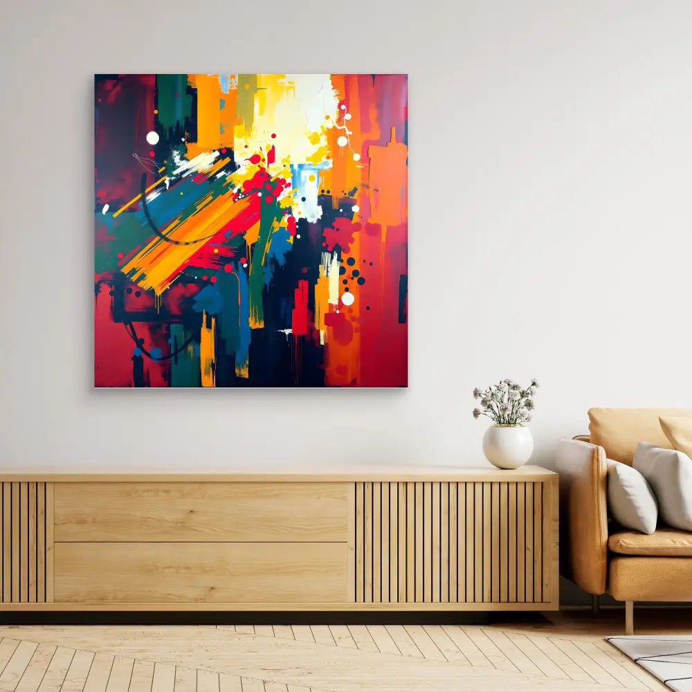 Vibrant abstract painting featuring bold splashes of red, yellow, blue, and orange colors.