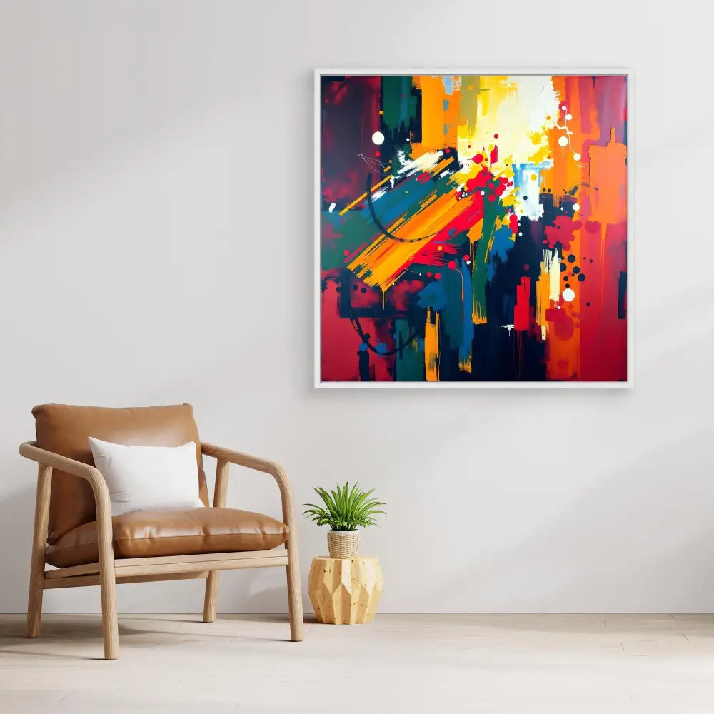 Vibrant abstract painting with bold splashes of red, yellow, blue, and green colors in an energetic composition.