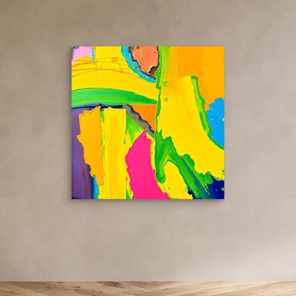 Vibrant abstract painting featuring bold swirls of yellow, green, pink, orange and blue colors.