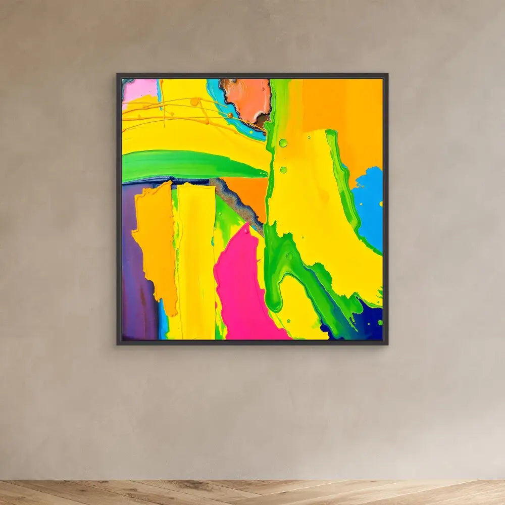 Vibrant abstract painting featuring bold swirls of yellow, green, pink, and blue colors in a black frame.