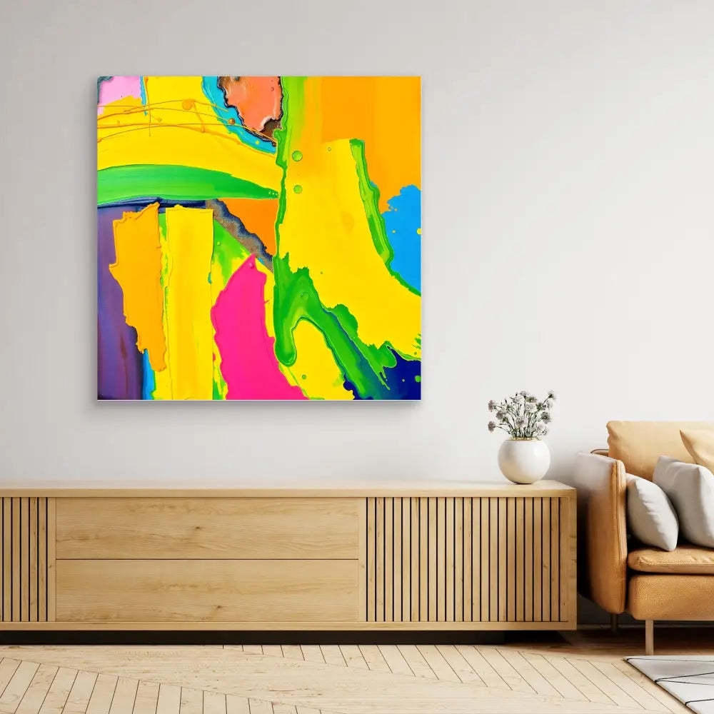 Vibrant abstract painting with bold yellow, green, pink and blue brushstrokes displayed on a wall.