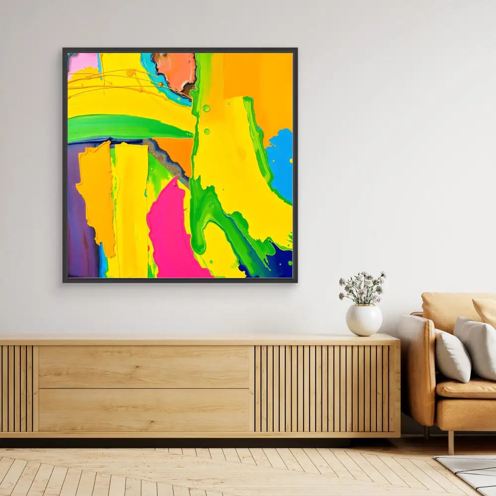 Vibrant abstract painting featuring bold yellow, green, pink and blue brushstrokes in a black frame.