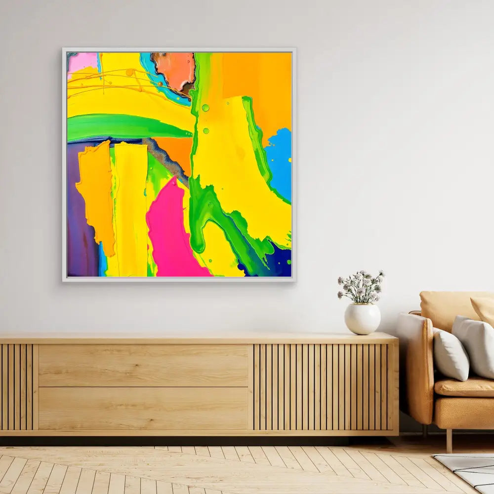 Vibrant abstract painting with bold yellow, green, pink and blue brushstrokes in a white frame.