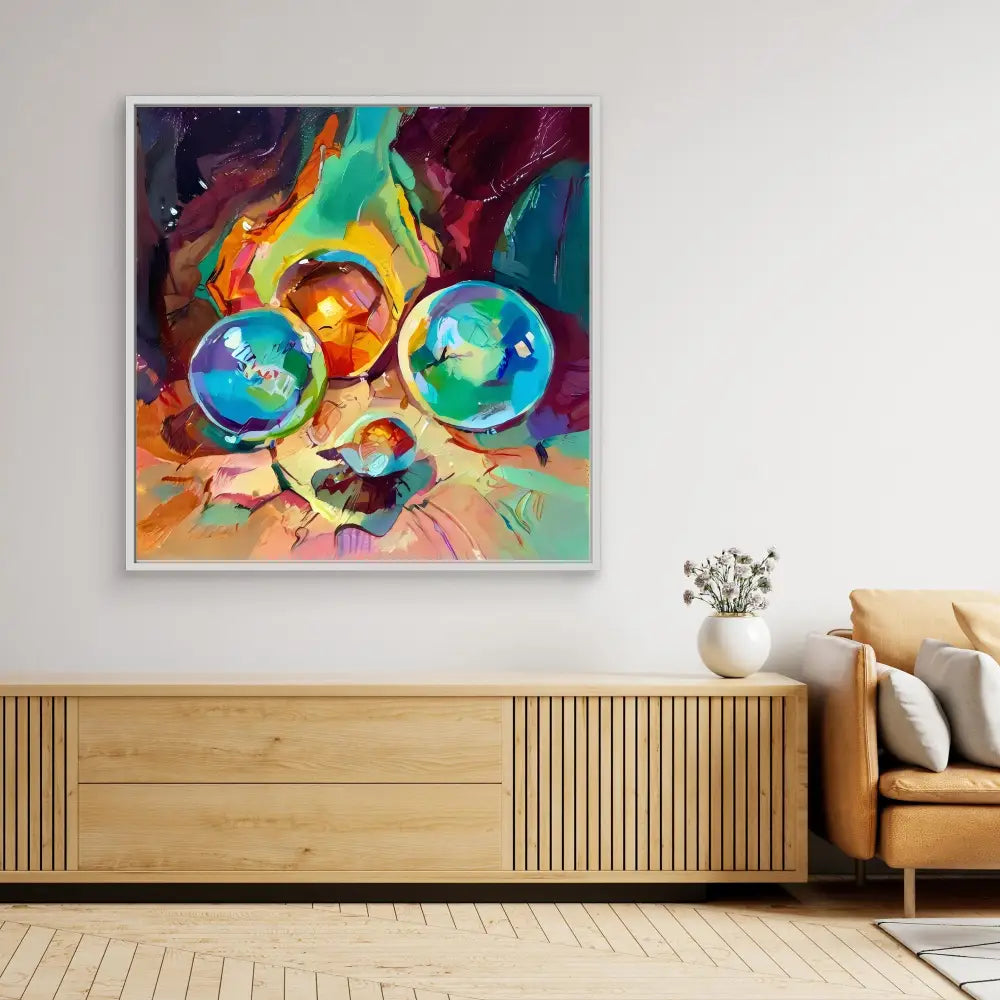 Vibrant abstract painting of a cat wearing colorful round glasses.