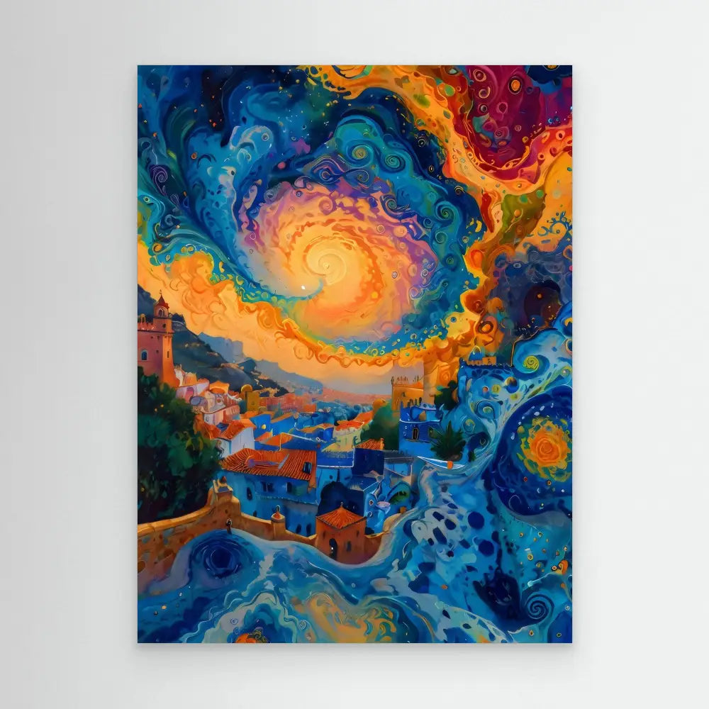 Vibrant swirling abstract painting featuring a coastal Mediterranean village beneath a colorful spiral sky.