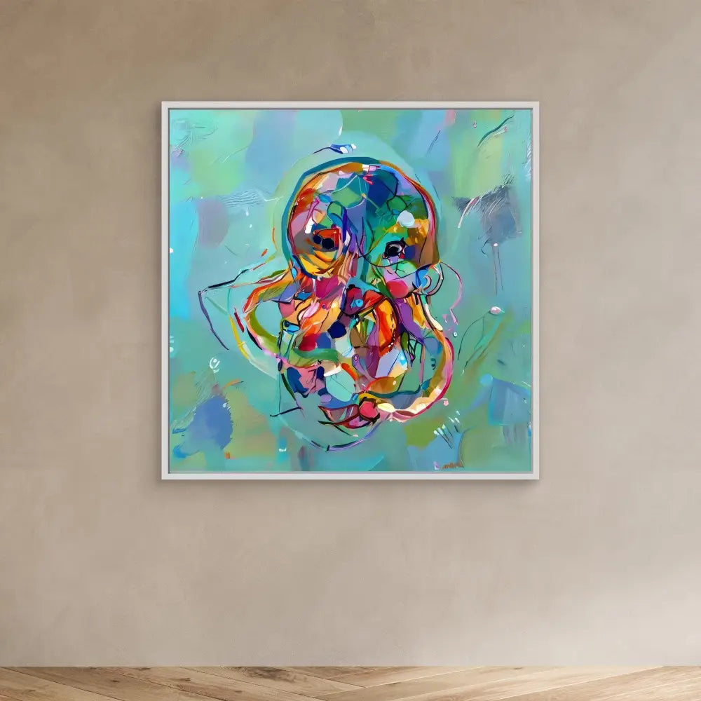 Vibrant abstract painting featuring swirling, colorful brushstrokes in a circular pattern.