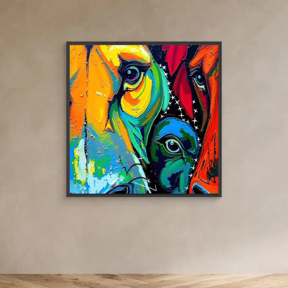 Vibrant abstract painting featuring colorful horse eyes in an expressive style.