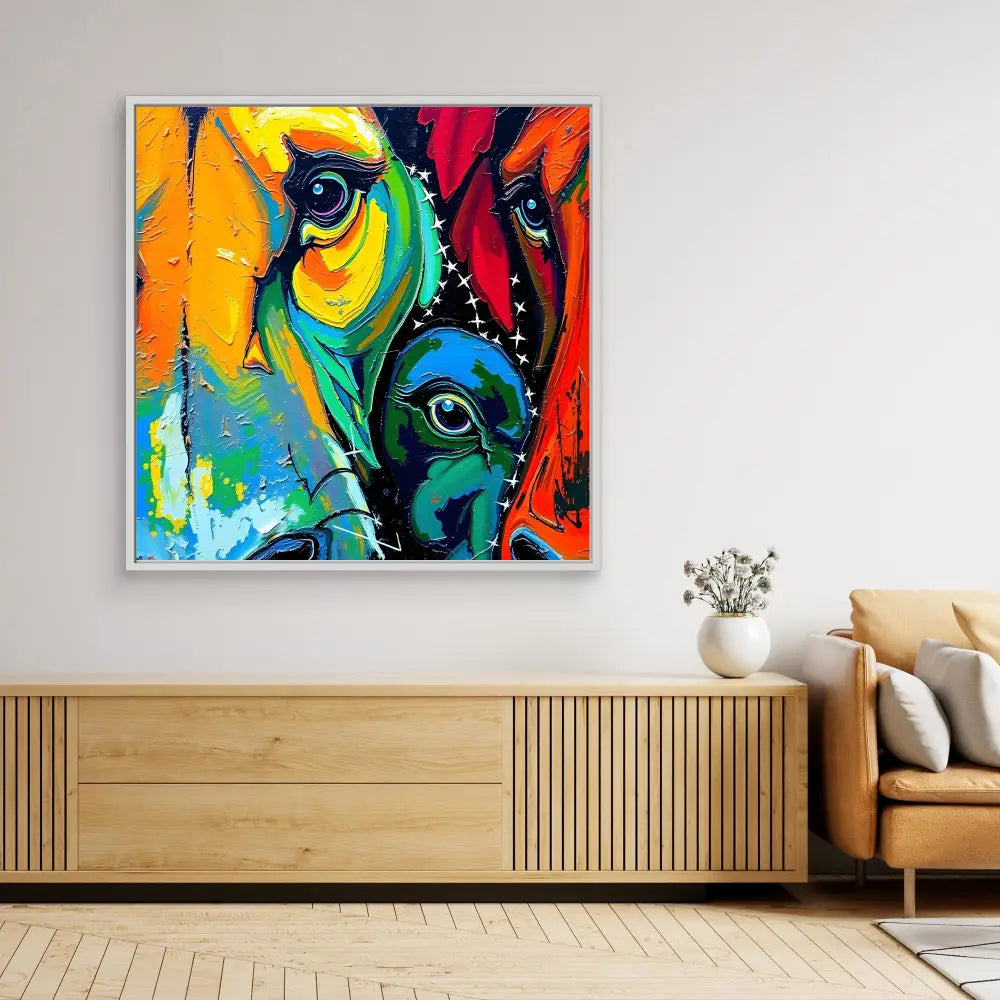 Vibrant abstract painting featuring colorful swirling patterns and eye-like shapes in blue, green, orange and red.