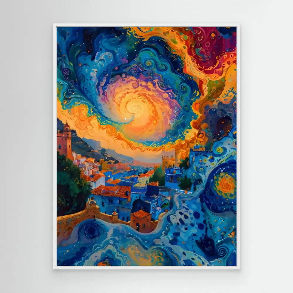 Vibrant abstract painting featuring a swirling, colorful sky over coastal buildings.